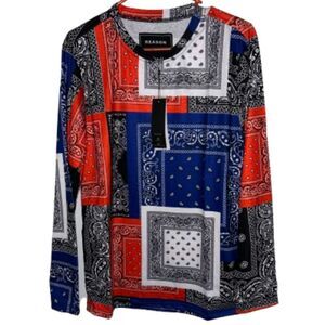 Reason Patchwork Bandana Look Long Sleeve T-Shirt size Large E4 Red Blue